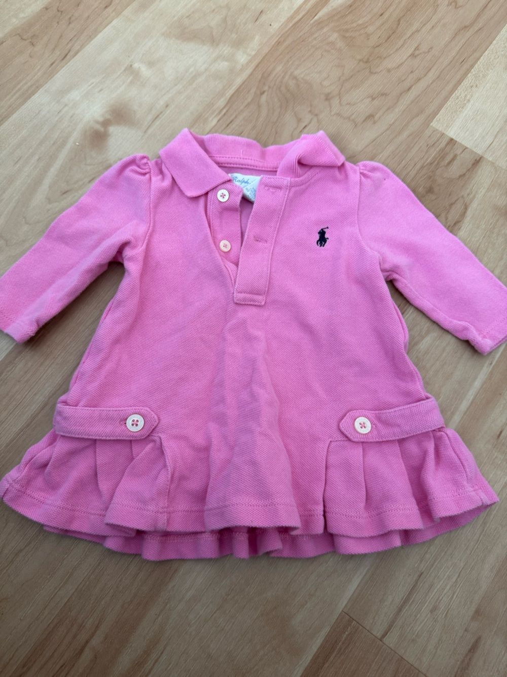 Ralph Lauren Pink Polo Logo Long Sleeve Pleated Dress Size 3M